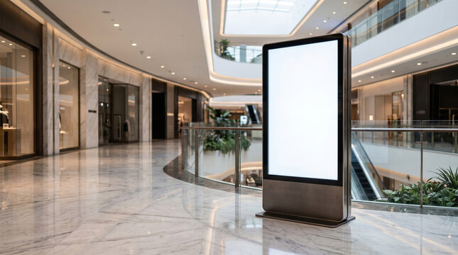 blank vertical poster display mockup in modern shopping mall interior