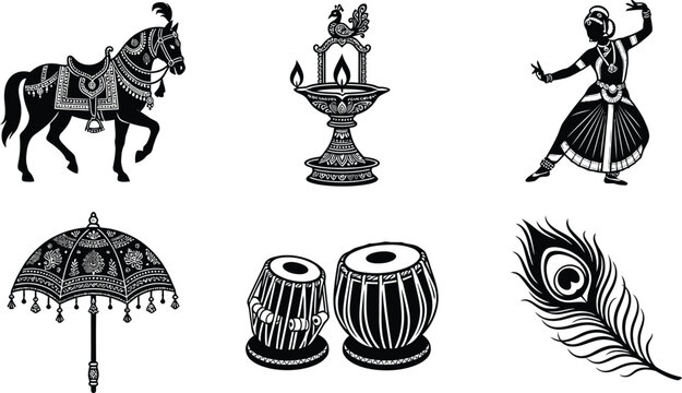 A collection of traditional Indian cultural icons including a horse lamp dancer umbrella drums feather