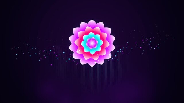 Glowing Neon Lotus Flower Motion Background with Particle Effects on a Dark Purple Digital Backdrop