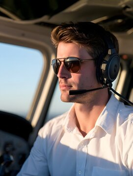 Pilot in cockpit preparing for takeoff under clear sky with sunlight on controls and focused gaze