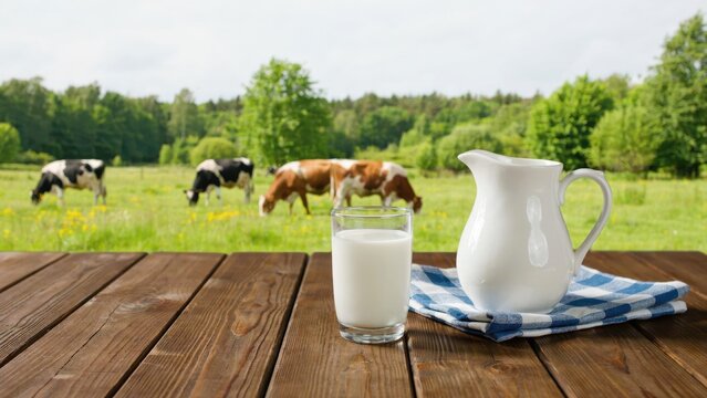Glass of milk and a pitcher on a wooden table with cows grazing in a green pasture