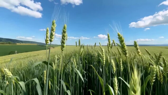 Expansive high quality 4K agricultural landscape showing a vast spring field of tall green wheat swaying uniformly under a wide open sky filled with wispy drifting white clouds