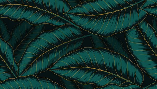 Seamless tropical pattern with dark green leaves and golden veins in vintage engraving style