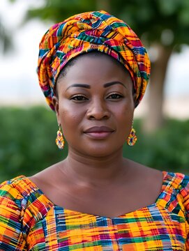 A woman in vibrant Kente cloth stands confidently in lush Ghanaian landscapes  showcasing traditional African textile ry