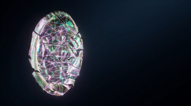 Iridescent abalone shell fragments reassembling through glowing digital data links in dark space