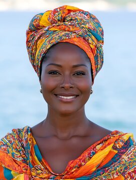 A vibrant Jamaican woman in traditional dress smiles against a scenic beach backdrop  showcasing bold patterns and flowing fabrics