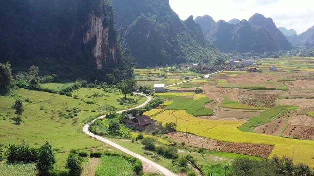Aerial panorama of Tri Phuong village in Quang Uyen, Cao Bang, Vietnam