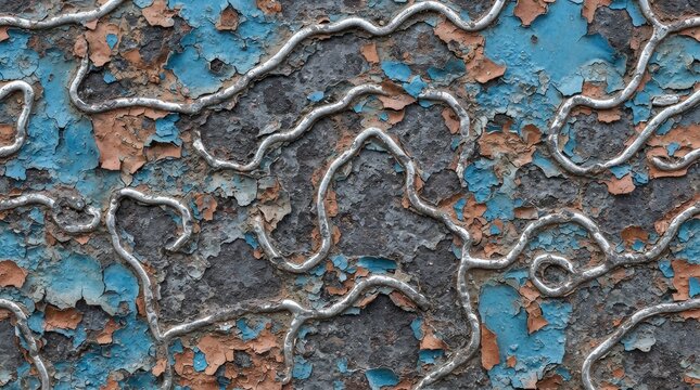 Seamless textured background of weathered peeling paint with metal details