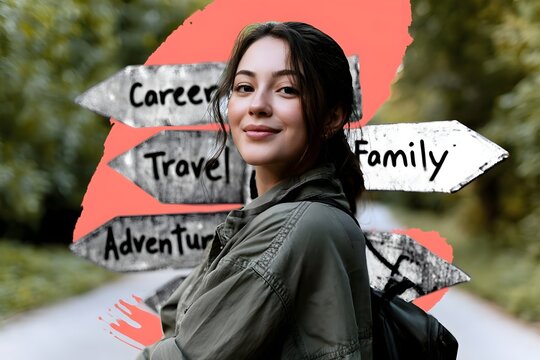 Young woman standing at a crossroads with directional signs for life choices in a scenic outdoor setting