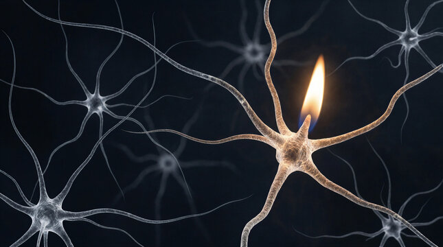 Neuron misfiring depiction showing a single nerve cell sparking like a candle flame in the brain
