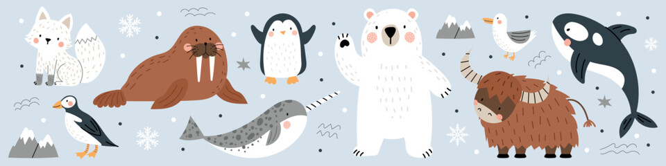 Arctic animals vector set with polar bear, walrus, penguin, arctic fox, narwhal, musk ox, orca and seabirds. Hand drawn winter wildlife collection with snowflakes isolated on light background. © Hanna Bykova