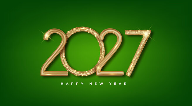 Golden 3D numbers 2027 on green background. Happy New Year 2027 festive metallic luxury banner. Happy New Year and Merry Christmas greeting card.