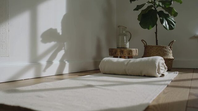 Settling mat after camera straightening at home nook, sun shifting fig plant and stump with pitcher