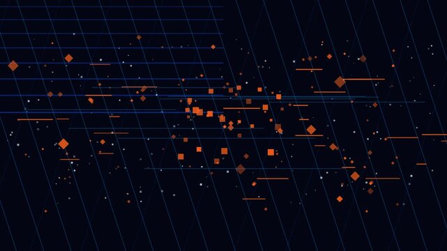 Futuristic Orange Data Network, Glowing Digital Nodes and Circuit Lines, Dark Blue Grid Interface, High Tech Information Flow, Dynamic Technology Motion Background
