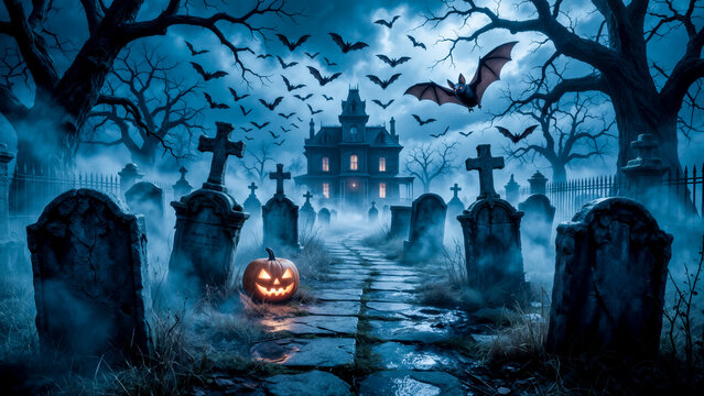 Cimitero di Halloween con pipistrelli, zucca e casa stregata nella nebbia
