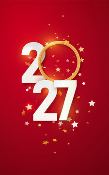 2027 Red Happy New Year Greeting Banner. Christmas Banner with Glitter Numbers date 2026 on Festive Background.