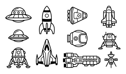 Retro Futuristic Spaceship UFO Rocket and Spacecraft Vector Icon Set © Salamun