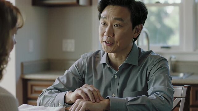 Glancing, pressing left wrist, Asian man in shirt showing partner at kitchen table, towels