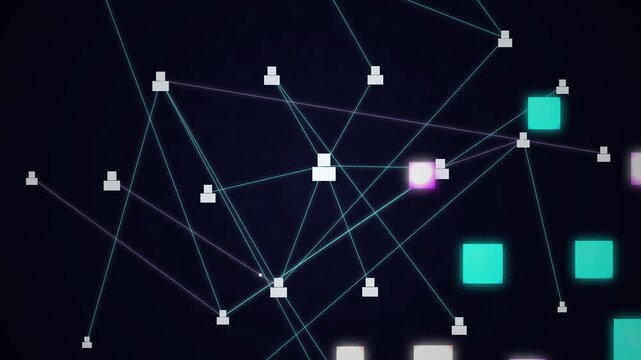Futuristic Connected Network Nodes, Glowing Cyan and Magenta Data Points, Thin Digital Connection Lines, Floating Geometric Squares, Dark Technology Interface, Dynamic Motion Graphics