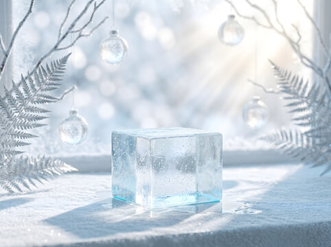 Empty square ice block podium for elegant product presentation on snow with silver fern leaves hanging glass baubles and bright glowing winter sunlight background