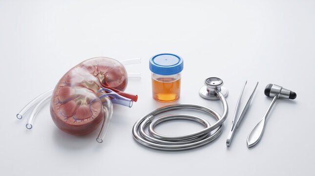 Medical examination concept featuring a human kidney model, urine sample, stethoscope, and tools on white