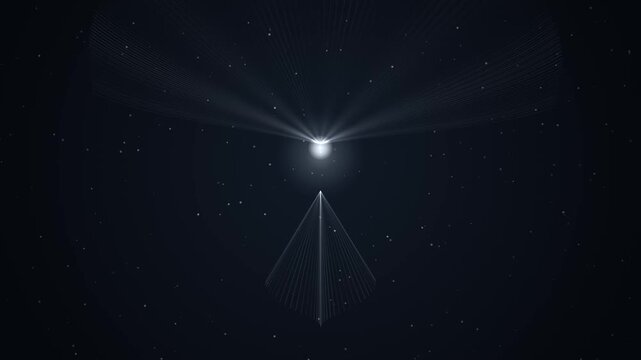 Bright glowing orb emits intricate light rays forming abstract patterns in a dark futuristic cosmos