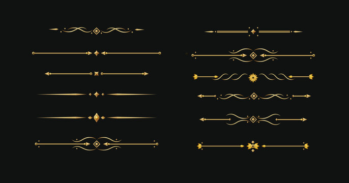 Elegant gold divider with ornate flourishes and vintage luxury details. Perfect decorative border element for premium invitations and classic design projects. Vector
