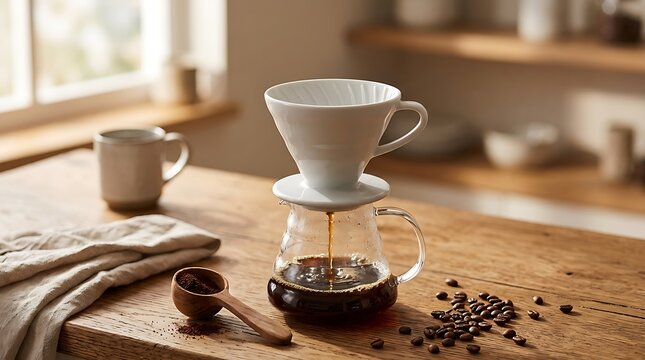 White ceramic coffee dripper on glass carafe with roasted coffee beans on a wooden table in the morning. home barista tips