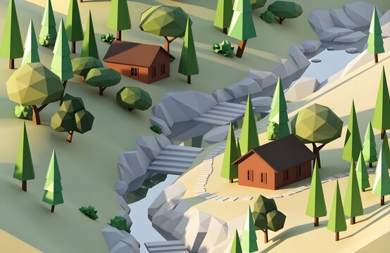 Low poly river valley landscape with wooden cabins and green trees