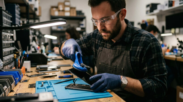 Technician repairing a smartphone with suction cup and tools in workshop