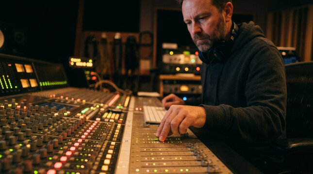 Sound Engineer Adjusting Faders on Mixing Console in Studio