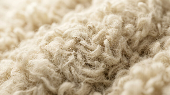 Macro close up of soft sheep wool texture | Cream colored fluffy sherpa fleece fabric | Cozy off white high pile carpet texture | Natural organic wool fiber background