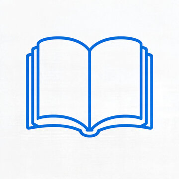 Open book outlined in blue on a white background. Simple reading and education symbol for publishing, learning, and library concepts.