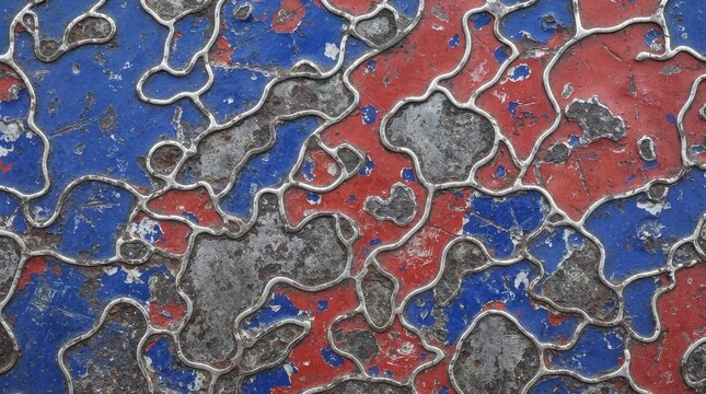 Textured abstract background with peeling red blue paint