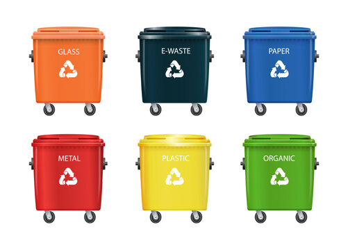Colorful waste bins collection with paper, metal, and organic trash separation. Vector recycling containers illustration for eco-conscious garbage disposal and green environment care