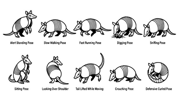 Armadillo animal character sheet vector set with diverse wildlife actions and poses