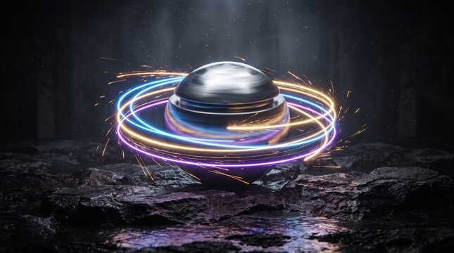 Metallic spinning orb with glowing light rings on a dark rocky surface