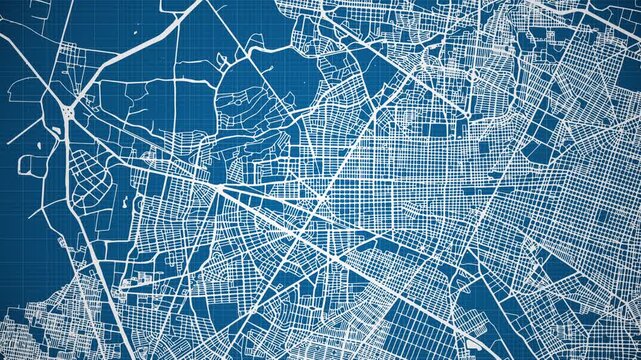 Ink reveal animation of Zapopan city, Jalisco, Mexico (M&eacute;xico) grid map. Aerial top view. Blueprint style. White lines with blue background. 4K Seamless loop.