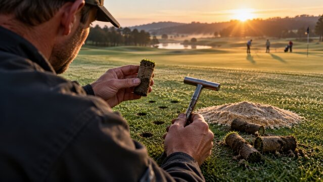 Greenkeeper inspecting turf aeration core at sunrise