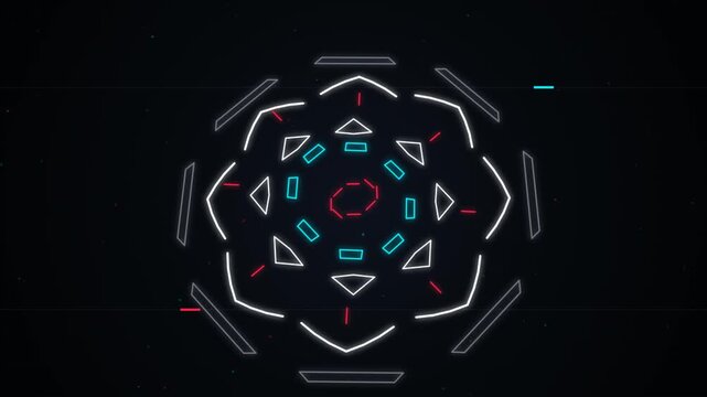 Dynamic neon geometric kaleidoscope pattern on black background futuristic digital animation loop fo