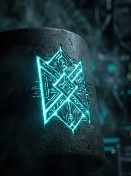 Glowing cyber rune carved into dark stone