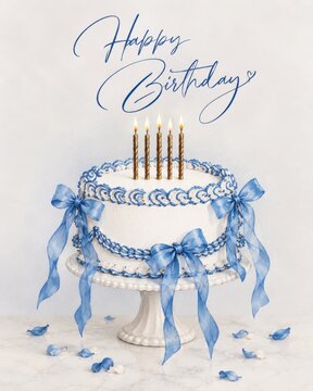 Elegant Blue Birthday Cake With Bows Candles And Celebration Message