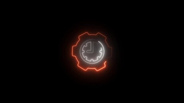 Glowing neon clock inside a rotating gear icon isolated on a black background for motion graphics