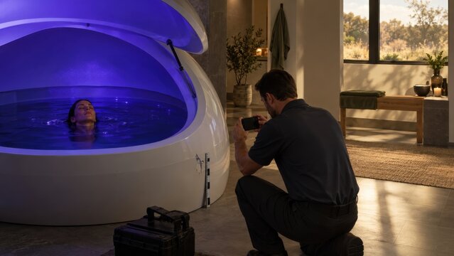 Technician documenting damage on sensory deprivation float tank