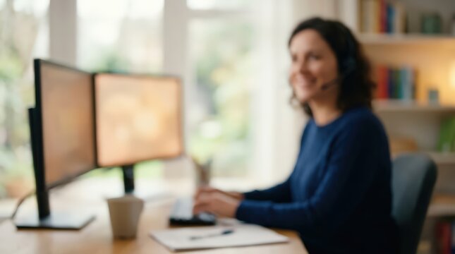 Remote worker video conference at home office photo with blurred woman wearing headset using dual computer monitors for virtual meeting, professional freelance telecommuting concept with soft lighting