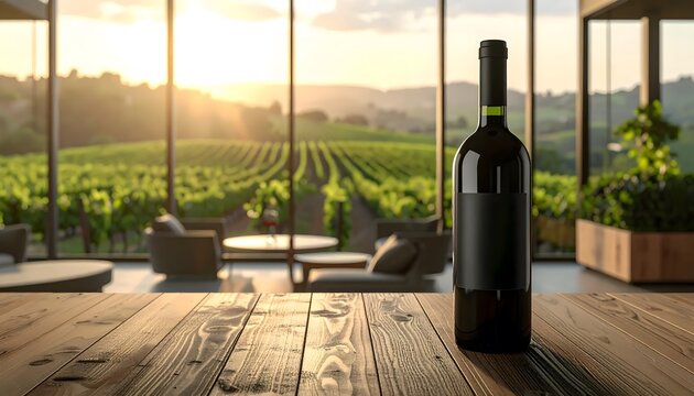 Red wine bottle on wooden table overlooking a vineyard at sunset.