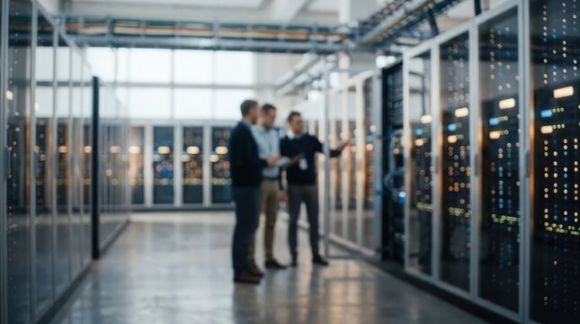 Data Center server room with IT professionals standing together discussing infrastructure maintenance in a modern technology facility, blurred photograph showing business technology infrastructure