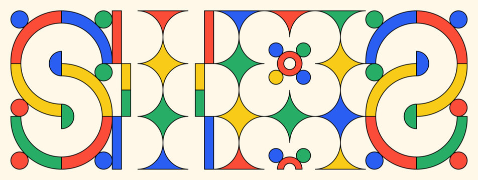 Abstract geometric pattern with colorful circles and semicircles in a decorative symmetrical design