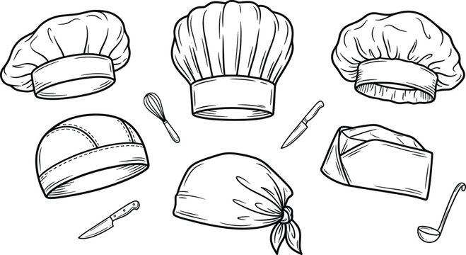 Chef hats and cooking uniform accessories line art vector collection featuring kitchen baker outlines