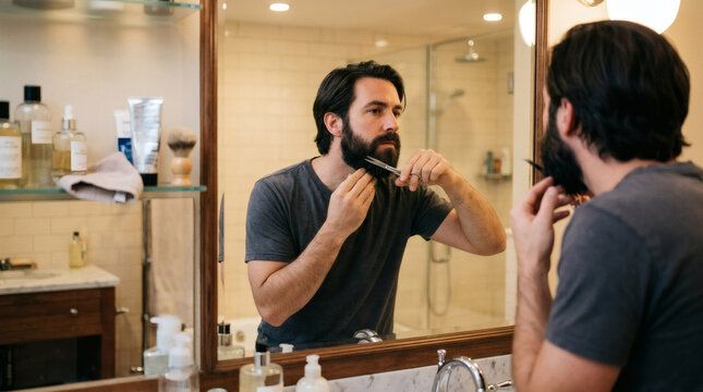Man grooming beard with scissors in bathroom mirror reflection